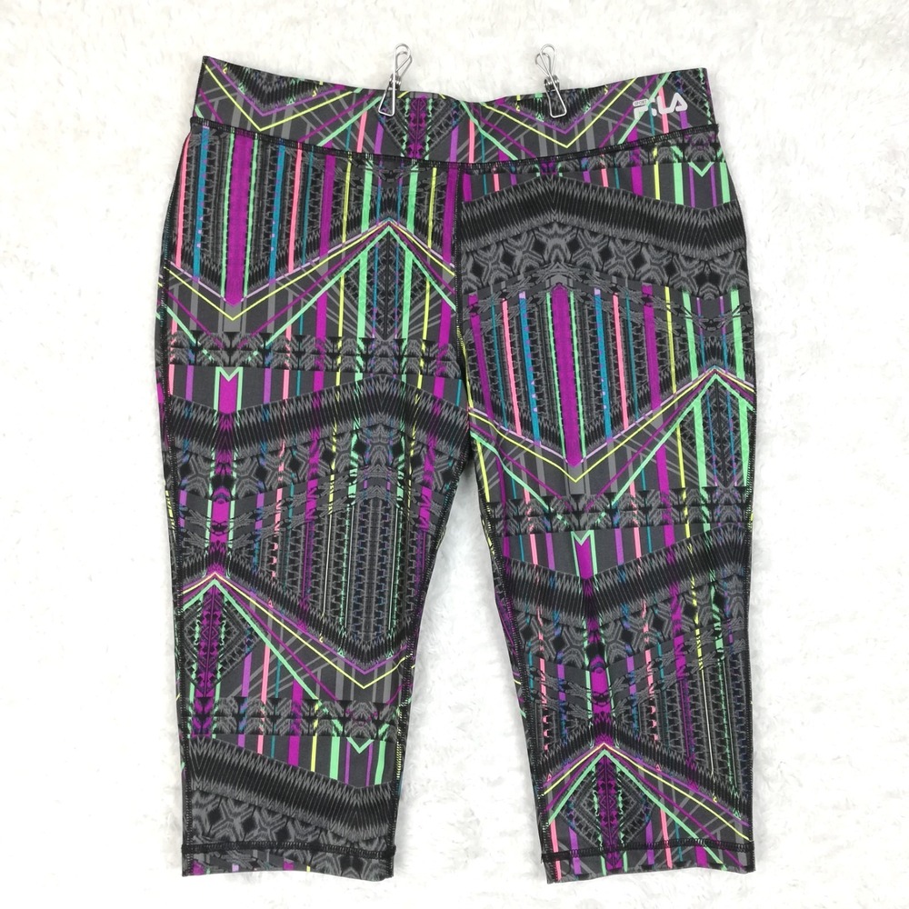 Fila Womens Pants Leggings Capri Running Sport Neon Geometric Print XL
